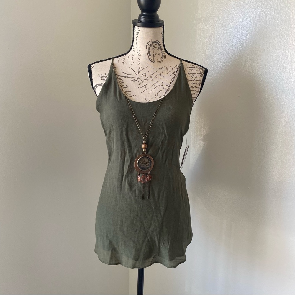 Iz Byer Women’s XL Olive Green Novelty Gauze Spaghetti Strap Tank /w Lace Design